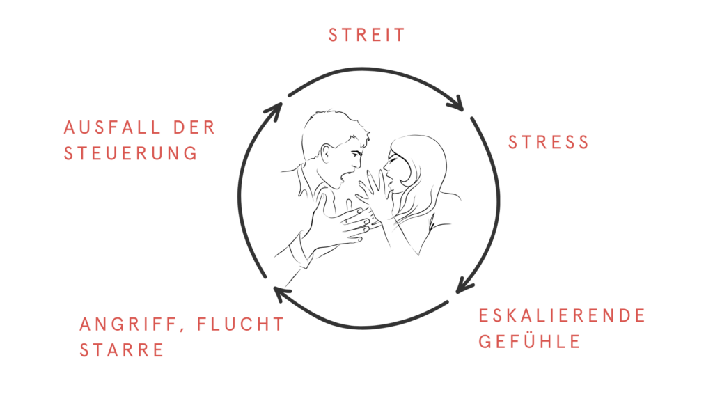 Grafik zeigt die Krisenspirale aus Streit, Stress und eskalierenden Gefühlen