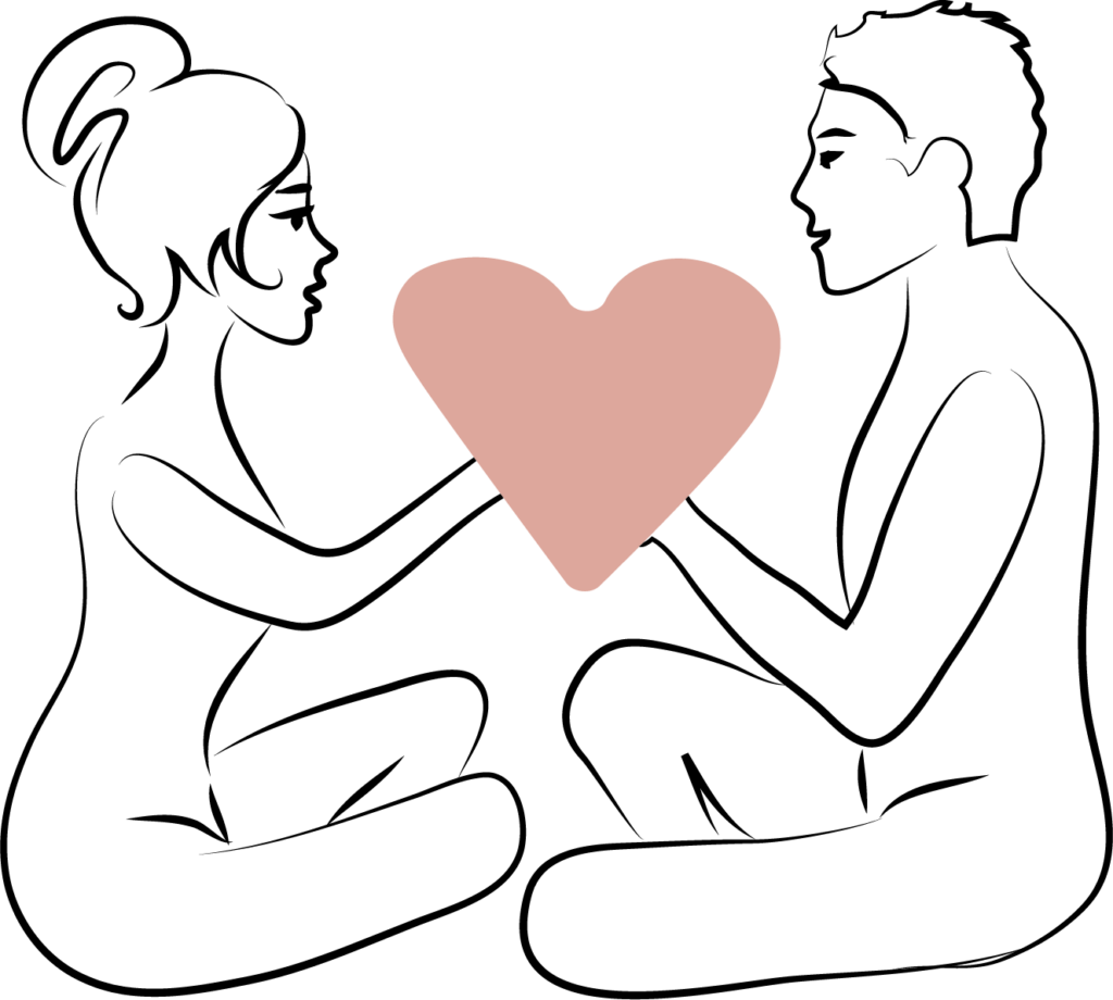 Illustration eines Paares mit Herz als Symbol für bewusste Liebe und Intimität