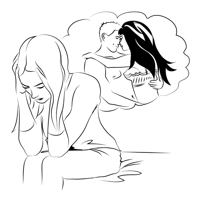 Illustration einer verletzten Frau, die an eine Affäre und den Vertrauensbruch in ihrer Beziehung denkt