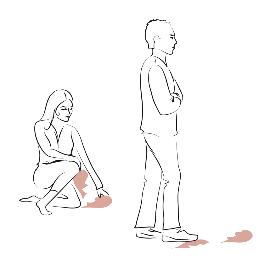Illustration einer Frau mit zerbrochenem Herz und eines sich abwendenden Mannes – Sinnbild für Trennung und Loslassen