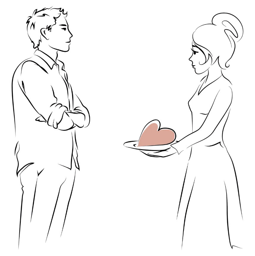 Illustration eines Paares mit Abstand und einem Herz zwischen ihnen als Symbol für Bindungsangst
